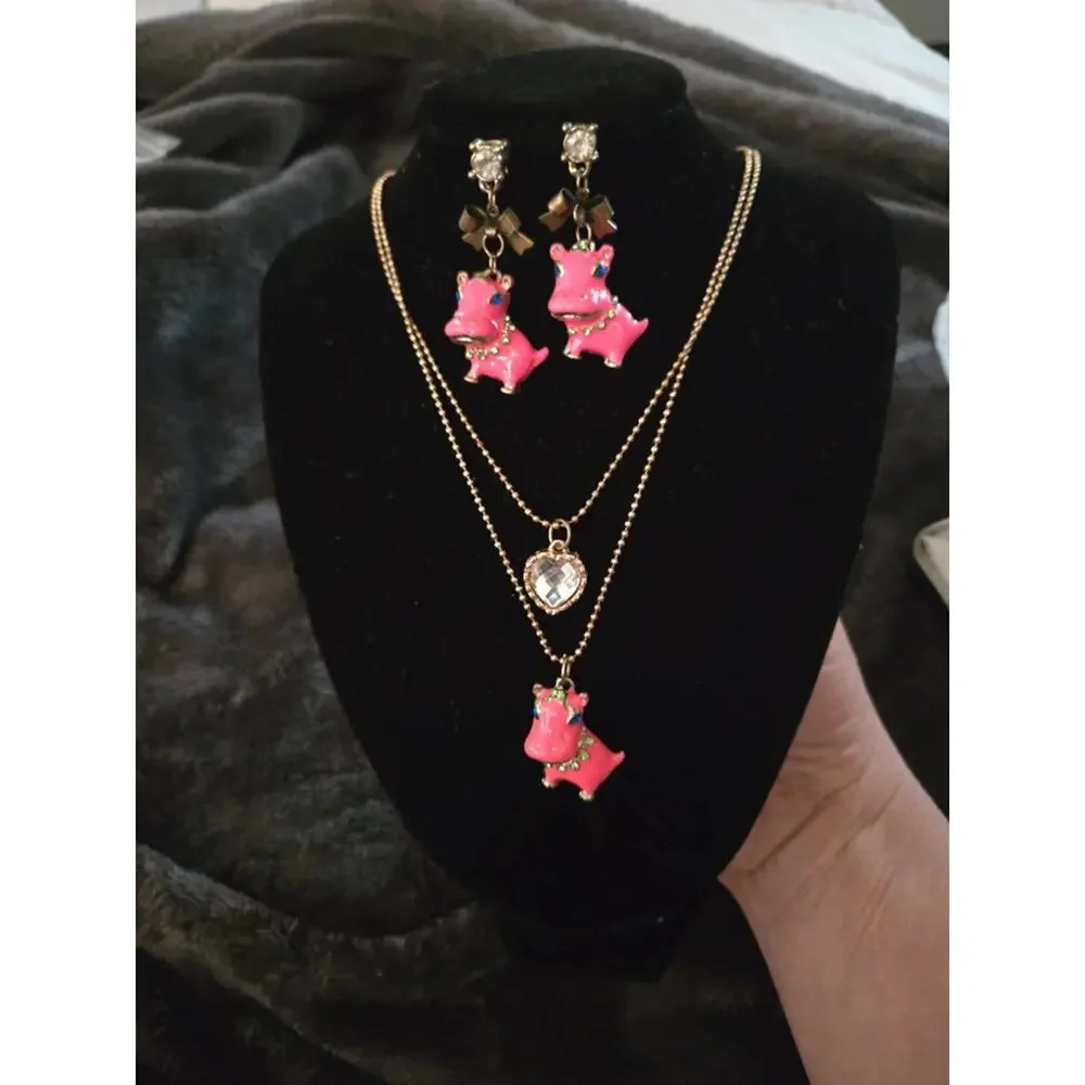 Vintage Pink Enamel hippo Betsey Johnson necklace/earrings set